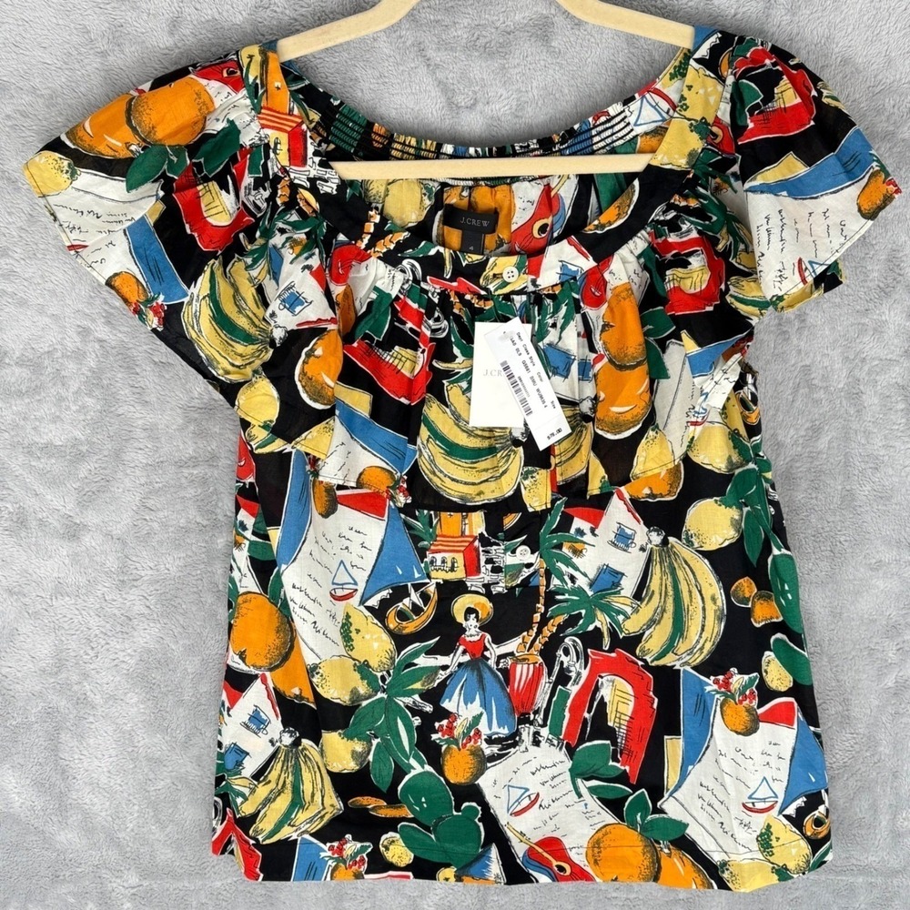 J.Crew Tropical‎ Print Top Colorful Graphic Blouse Size 4 Short Sleeve Smocked